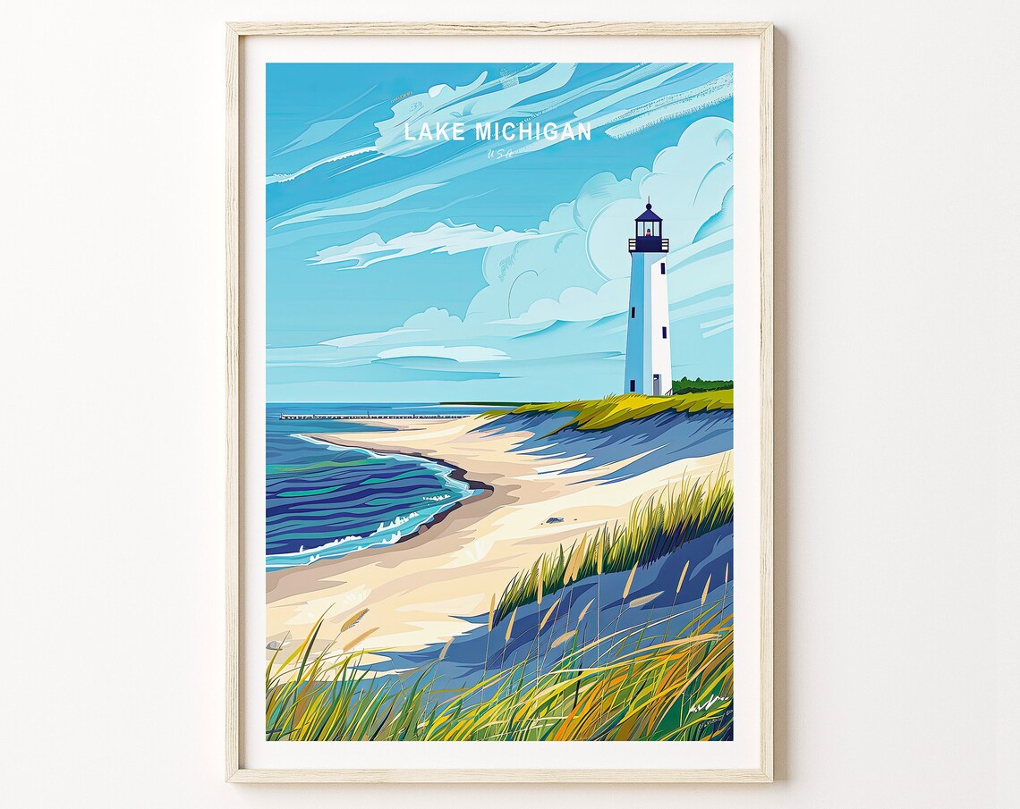 Lake Michigan Lighthouse Sandy Beach Dunes Grass Scenic Travel Poster
