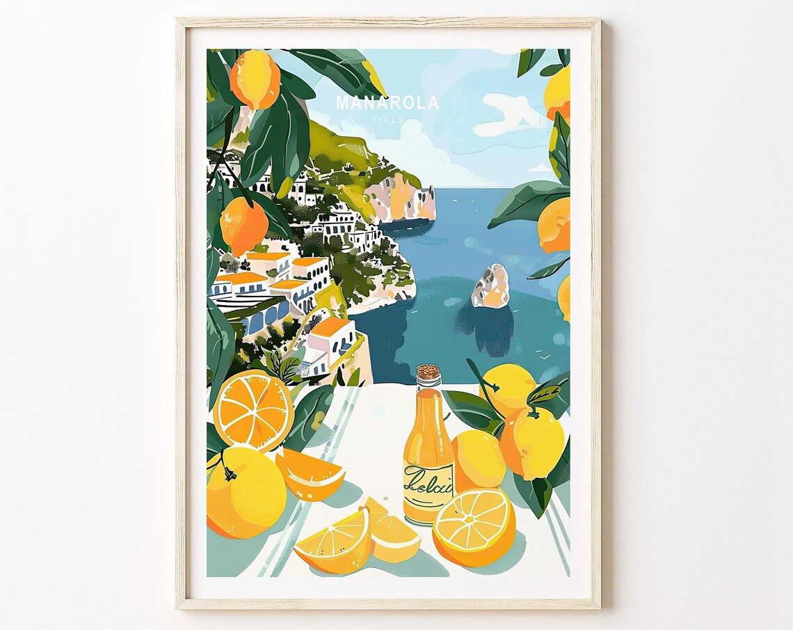Manarola Italy Lemon Coast Cliffs Village Vintage Travel Poster