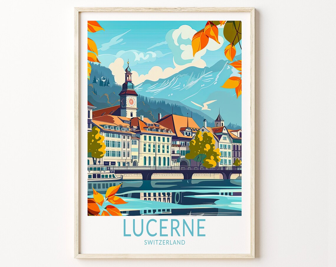 Lucerne Switzerland Autumn Old Town Riverside Travel Art Poster