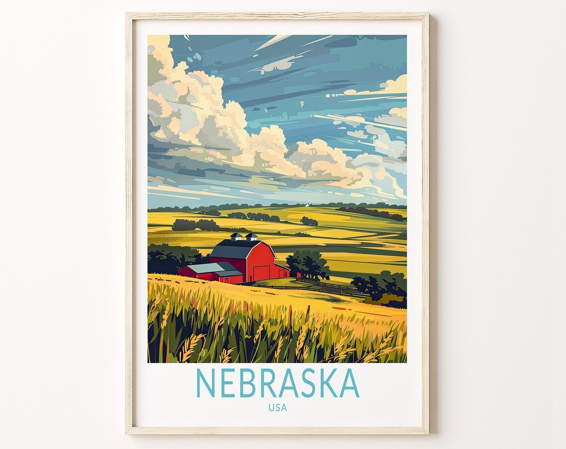 Nebraska USA Red Barn Golden Wheat Fields Cloudy Sky Travel Poster