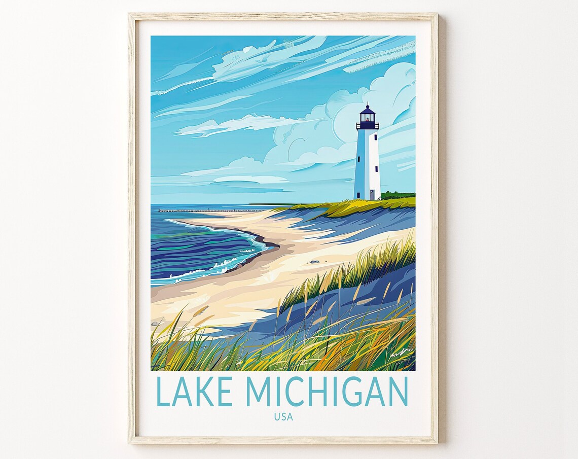 Lake Michigan Travel Poster, USA Coast Art Print