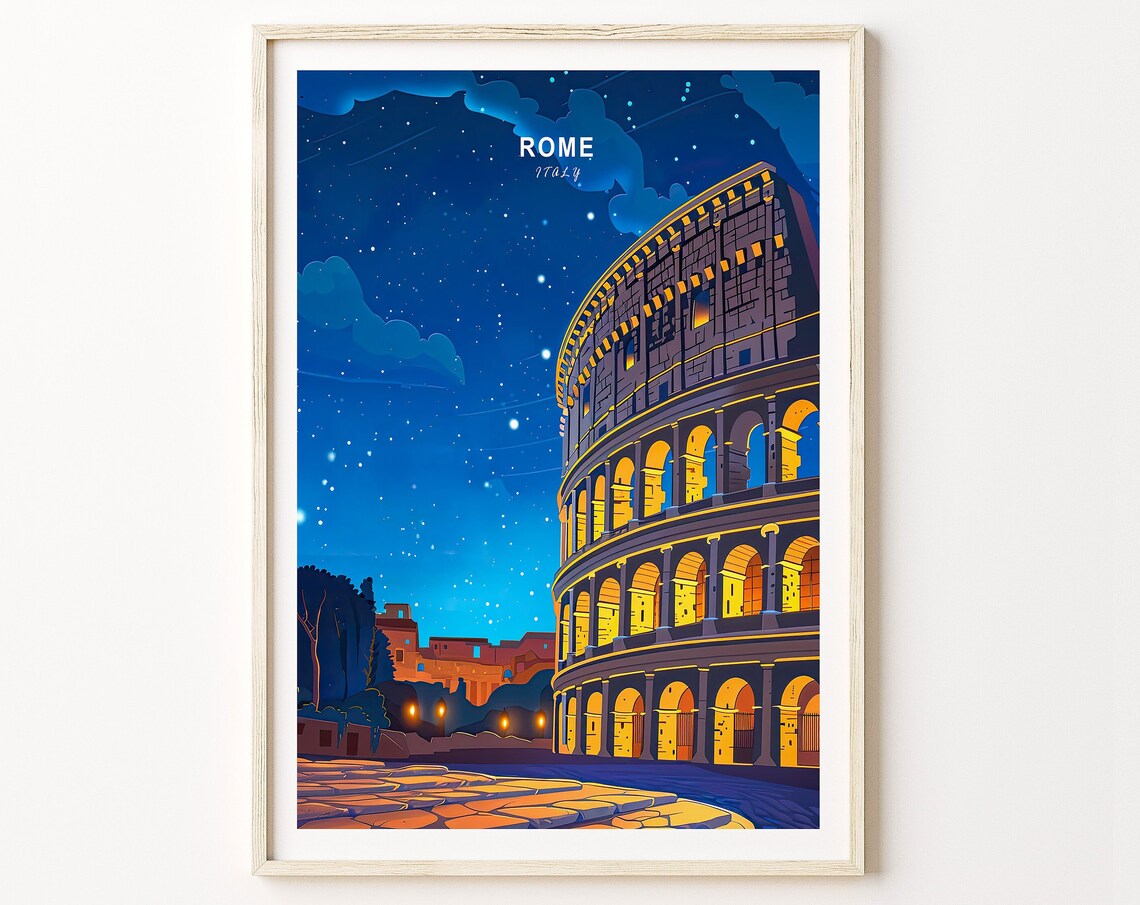 Rome Colosseum Night Travel Poster, Italy Wall Decor