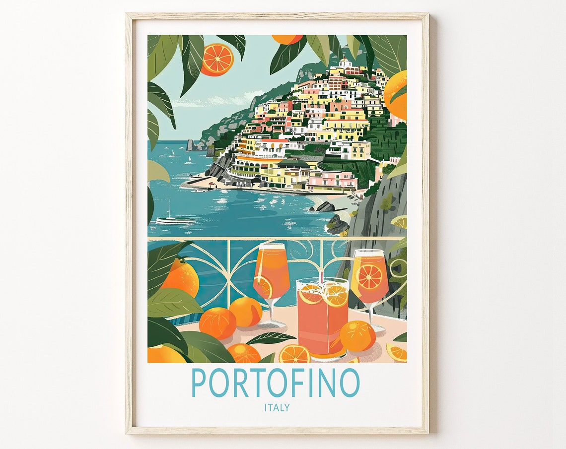 Portofino Italy City Travel Poster Italy Wall Art Decor Italy Portofino Orange Print Italy Gifts Wedding Gifts Coast Print