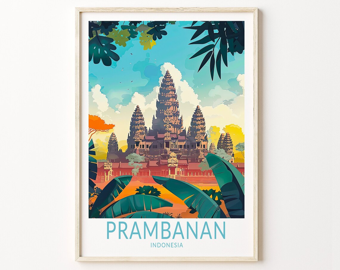 Prambanan Indonesia Temple Sunrise Jungle View Vintage Travel Poster