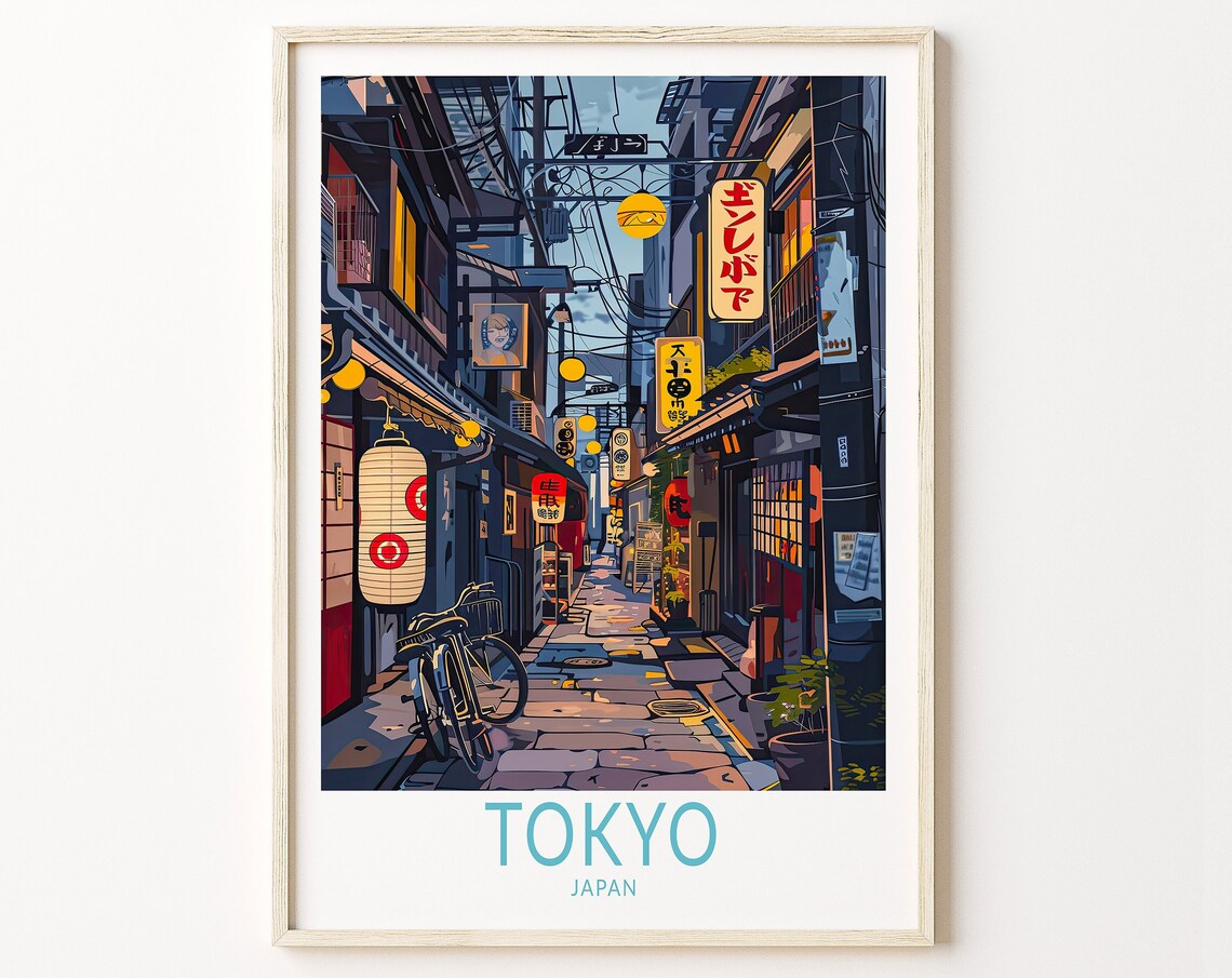 Tokyo Japan Lantern Lit Izakaya Alley Night Bicycle Travel Poster