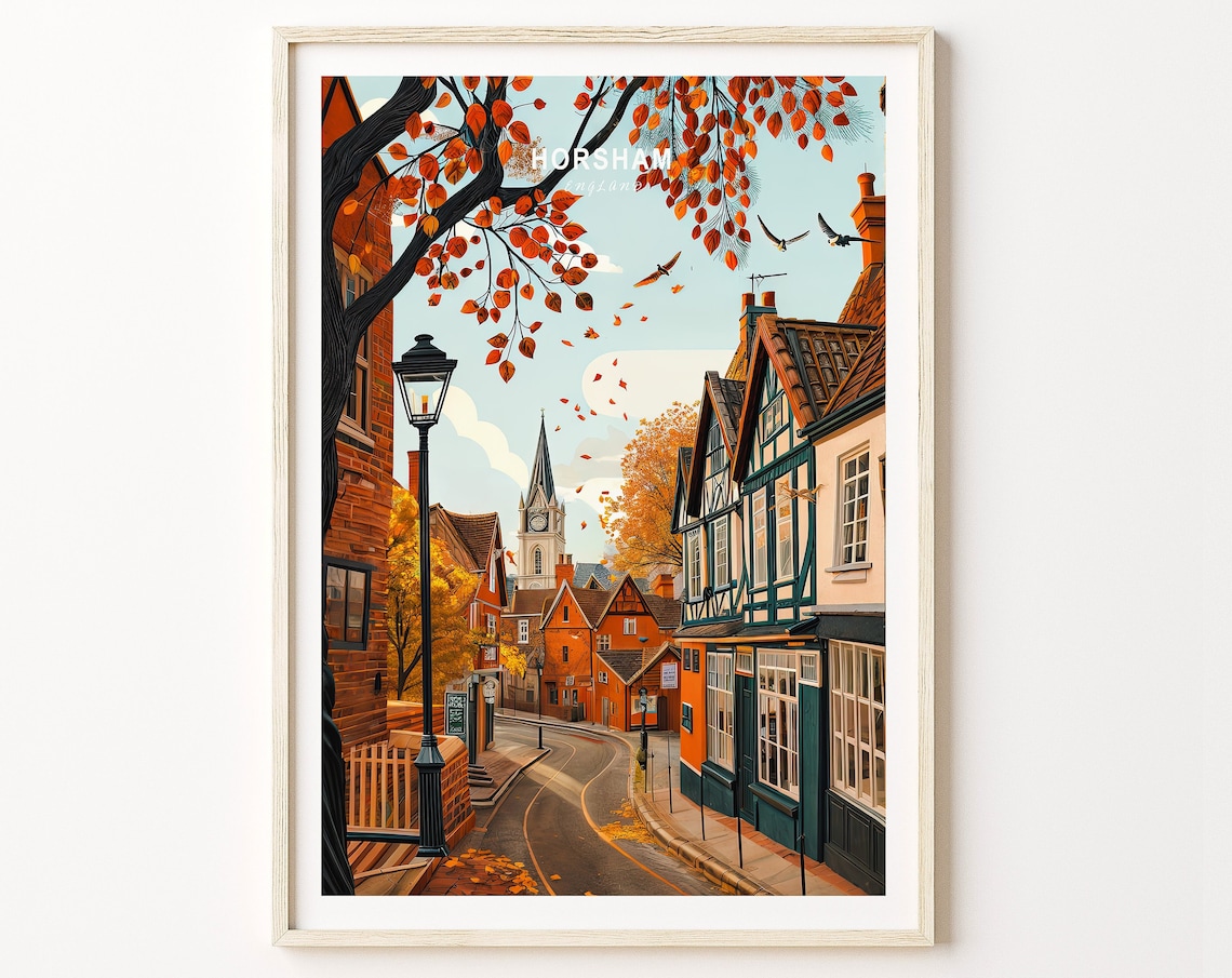 Horsham England Autumn Travel Poster, Custom Print