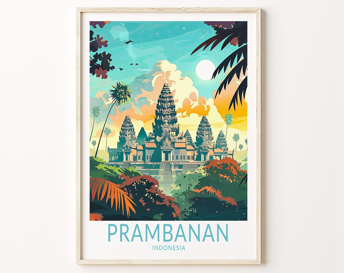Prambanan Indonesia Temple Daytime Palm Trees Travel Art Poster