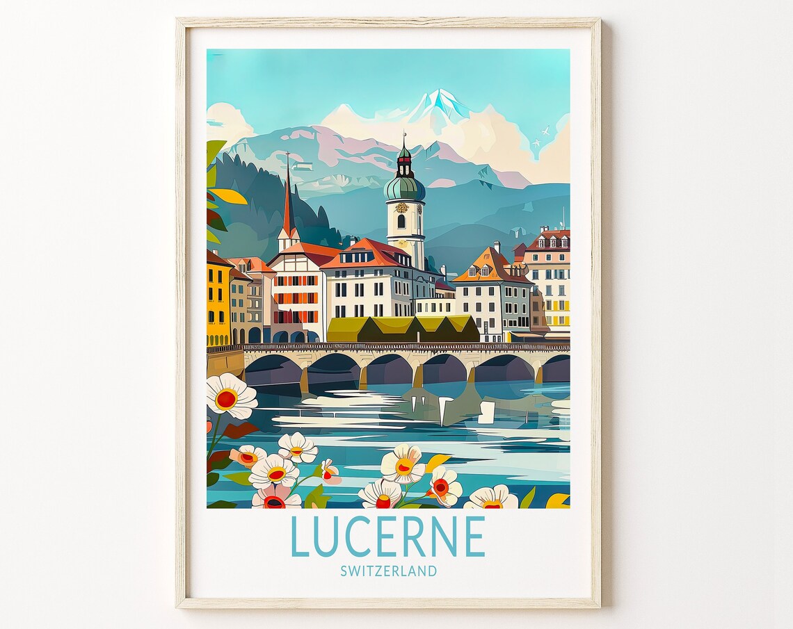 Lucerne Switzerland Chapel Bridge Daisies Foreground Travel Poster