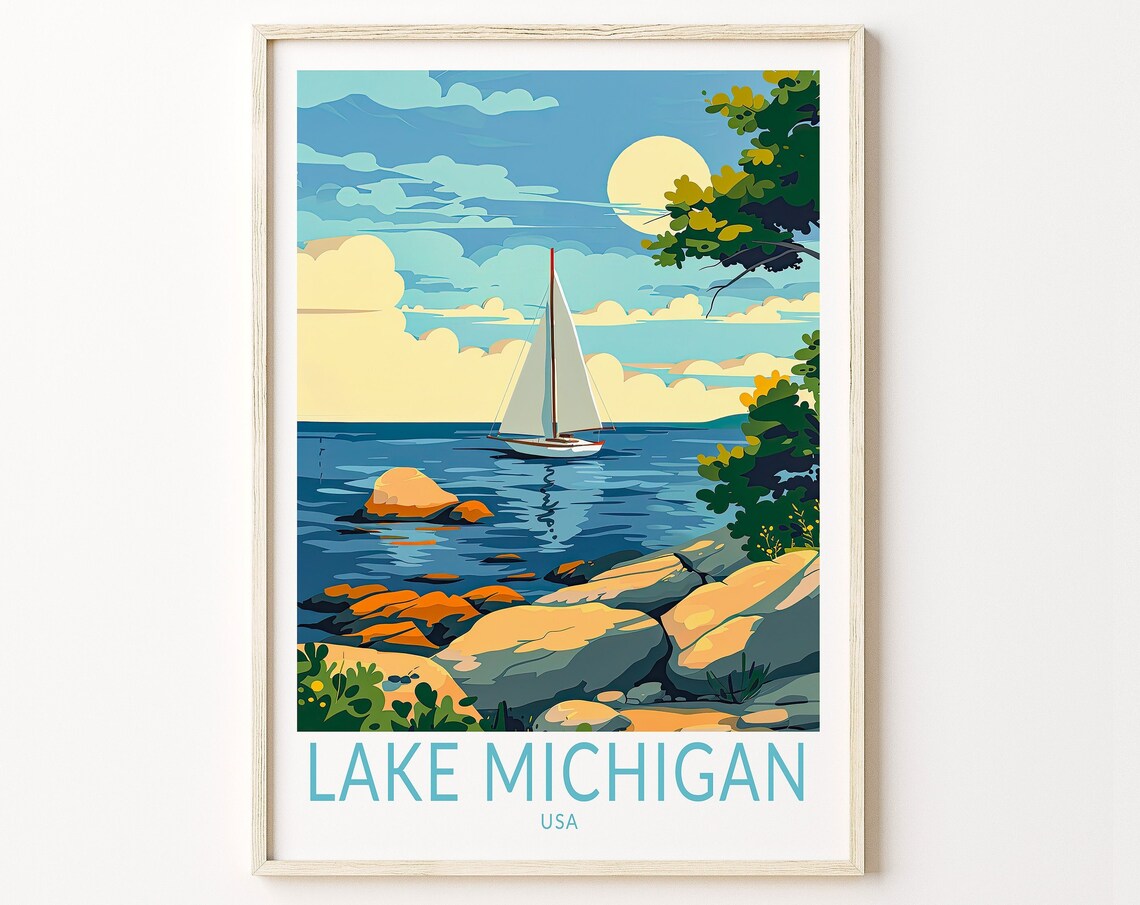 Lake Michigan Travel Poster, USA Coastal Wall Art
