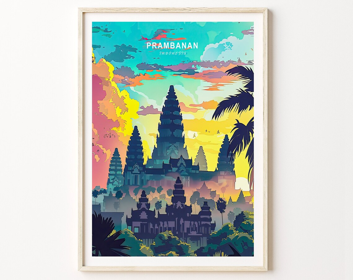 Prambanan Indonesia Ancient Hindu Temple Sunset Travel Poster