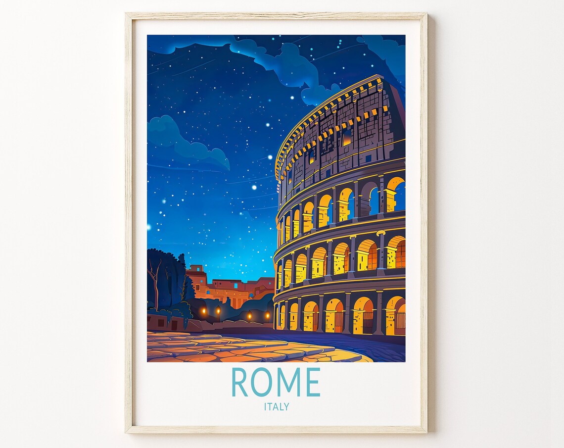Rome Italy Colosseum Starry Night Skyline Vintage Travel Poster