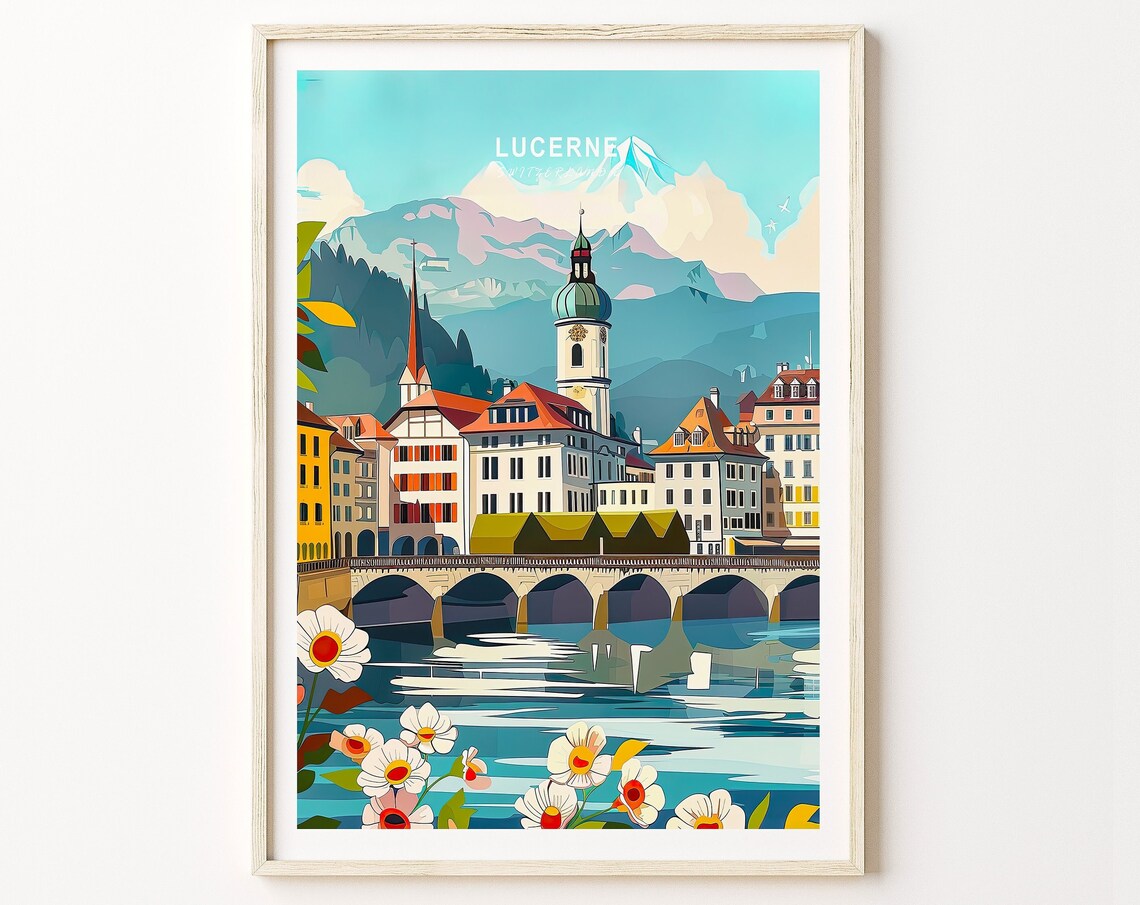 Lucerne Switzerland Chapel Bridge Lakeside Old Town Travel Poster