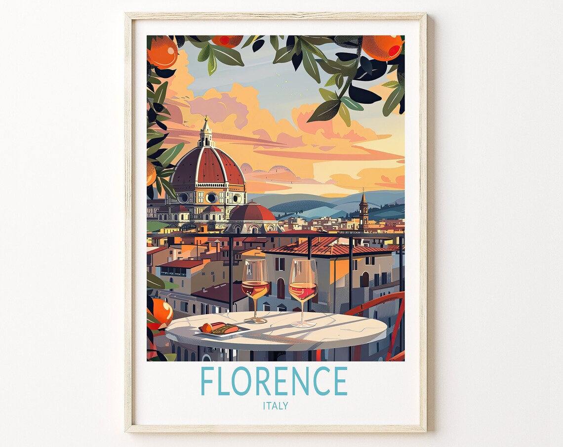 Florence Italy Sunset Travel Poster, Wall Art Decor