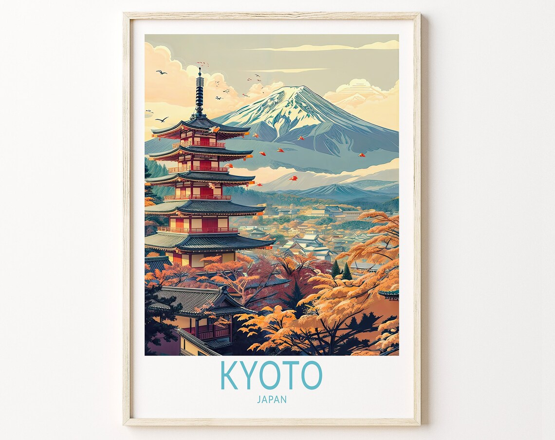 Kyoto Japan Five Story Pagoda Mount Fuji Autumn Foliage Travel Poster