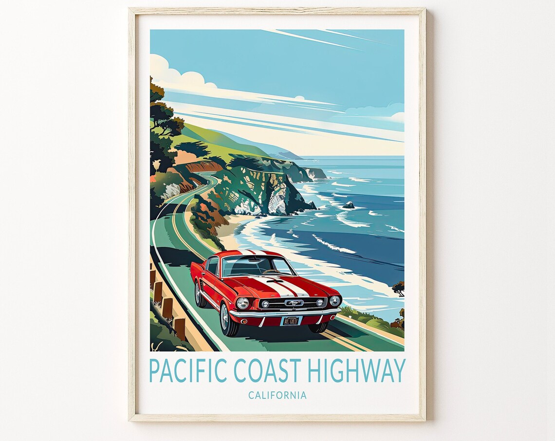Pacific Coast Highway California Vintage Mustang Road Trip Poster