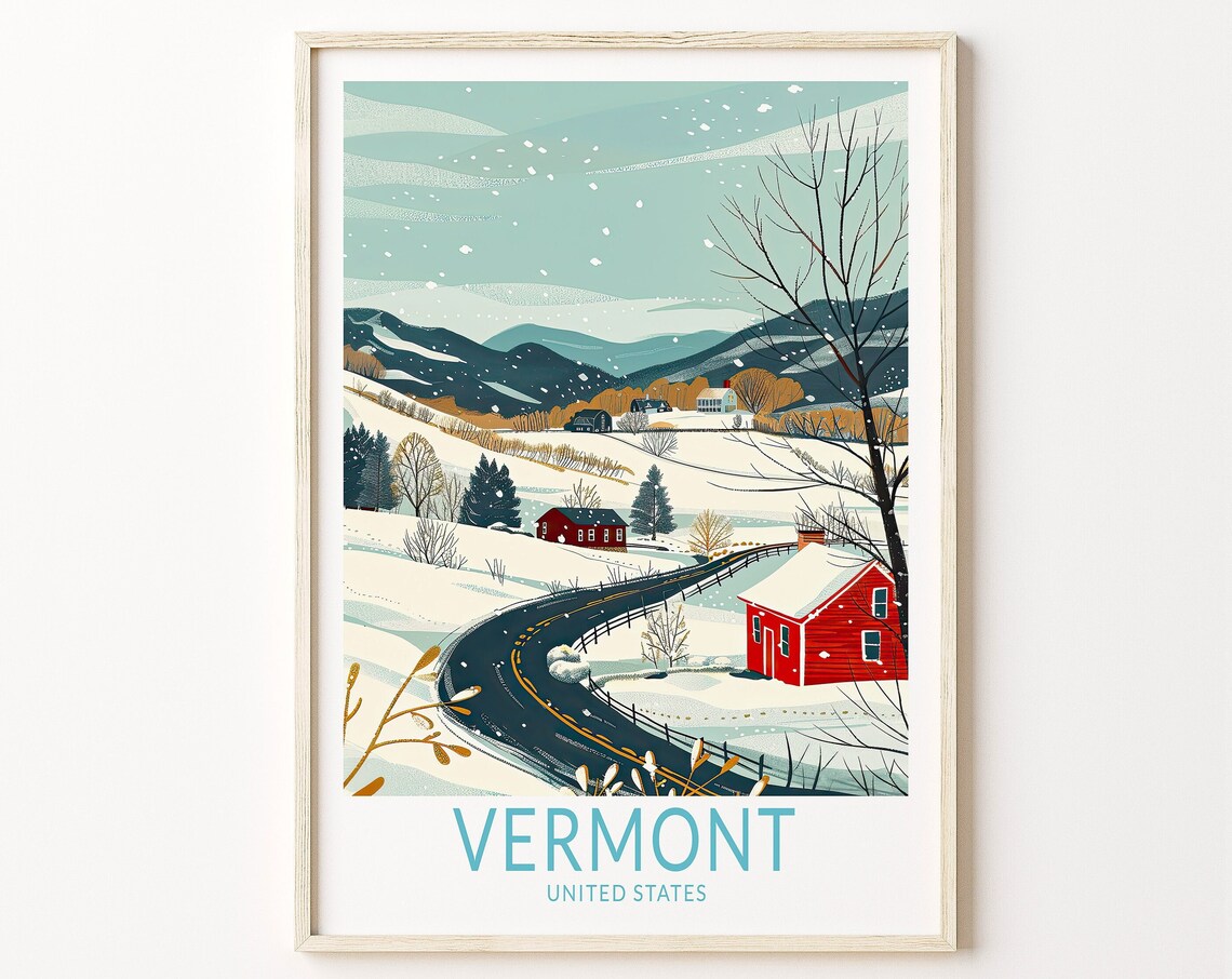 Vermont Travel Poster, Winter Wall Art Print
