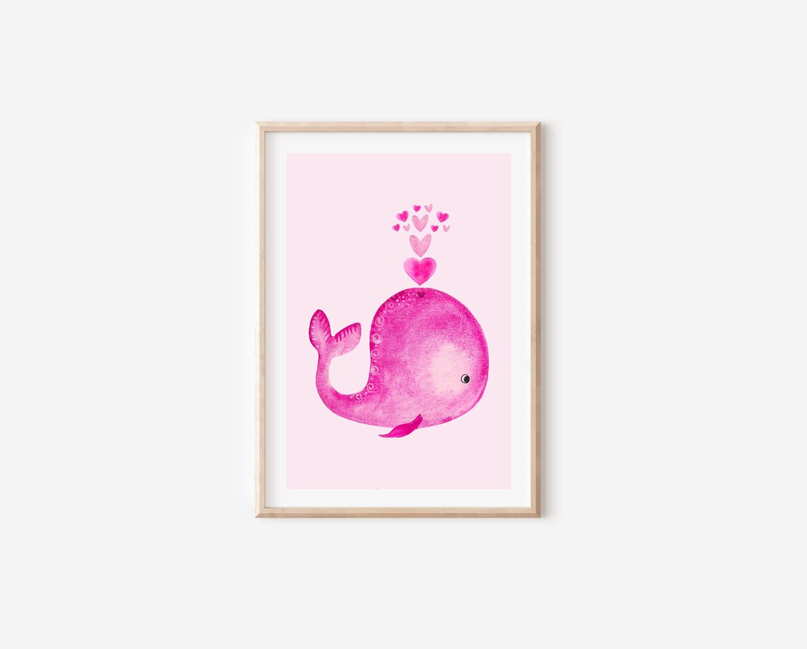 Boho Watercolor Pink Nursery Whale Wall Art Print - Image 4