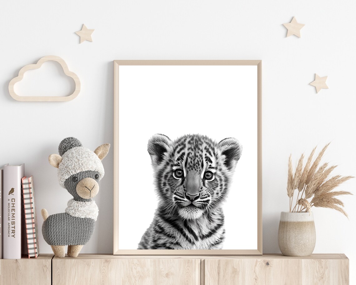 Black And White Baby Tiger Cub Portrait Minimalist Nursery Wall Art - Image 3