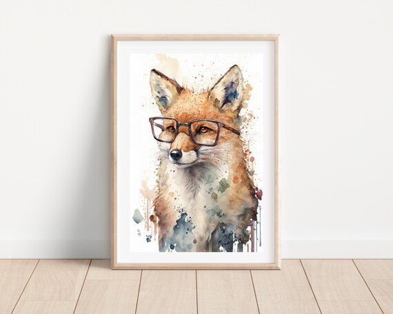 Watercolor Fox Wearing Black Glasses Funny Animal Nursery Portrait Print