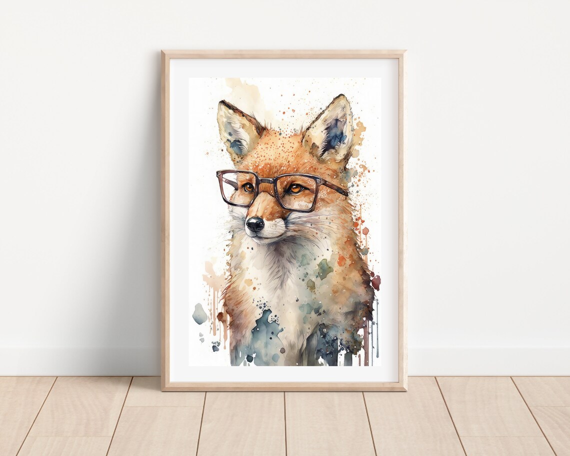 Watercolor Fox Wearing Black Glasses Funny Animal Nursery Portrait Print