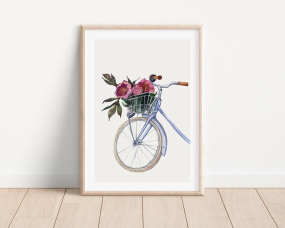 Watercolor Bicycle Floral Art Print, Vintage Bike
