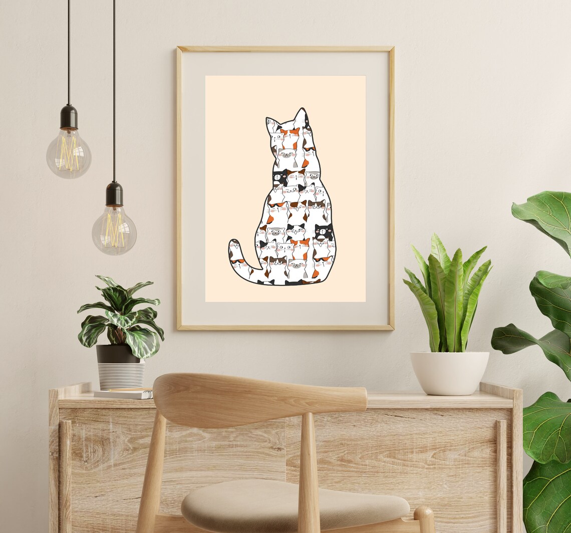 Funny Cat Silhouette Made Of Tiny Kittens Minimalist Peach Wall Art - Image 3