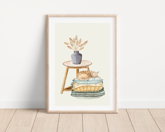 Boho Cat Art Print, Cat Lover Wall Decor