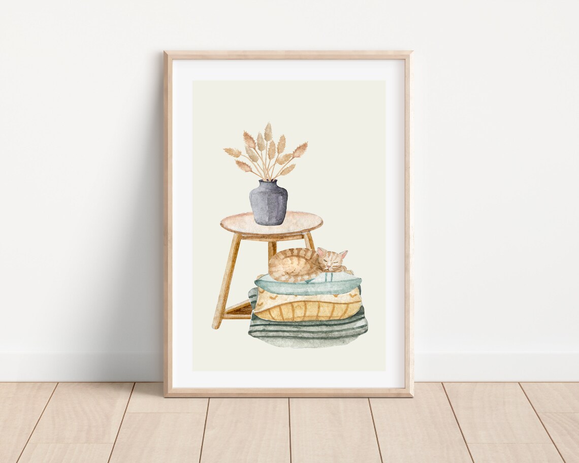 Boho Cat Art Print, Cat Lover Wall Decor