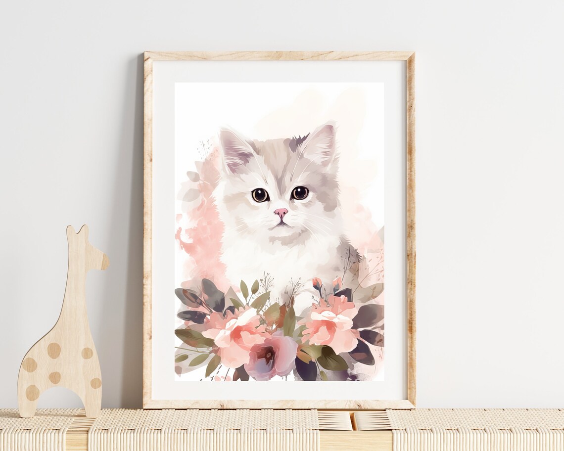 Watercolor White Kitten With Pink Flowers Boho Nursery Cat Wall Art - Image 2
