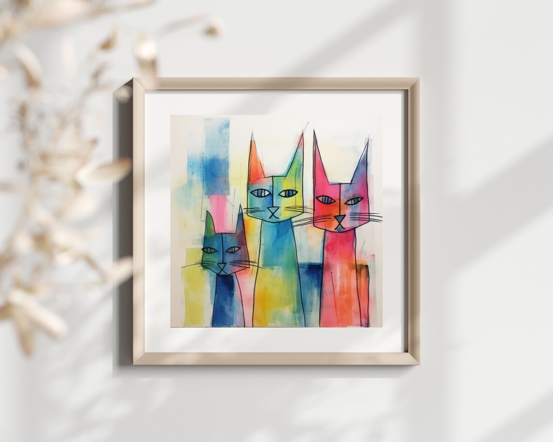 Three Colorful Stylized Watercolor Cats Abstract Feline Poster - Image 2