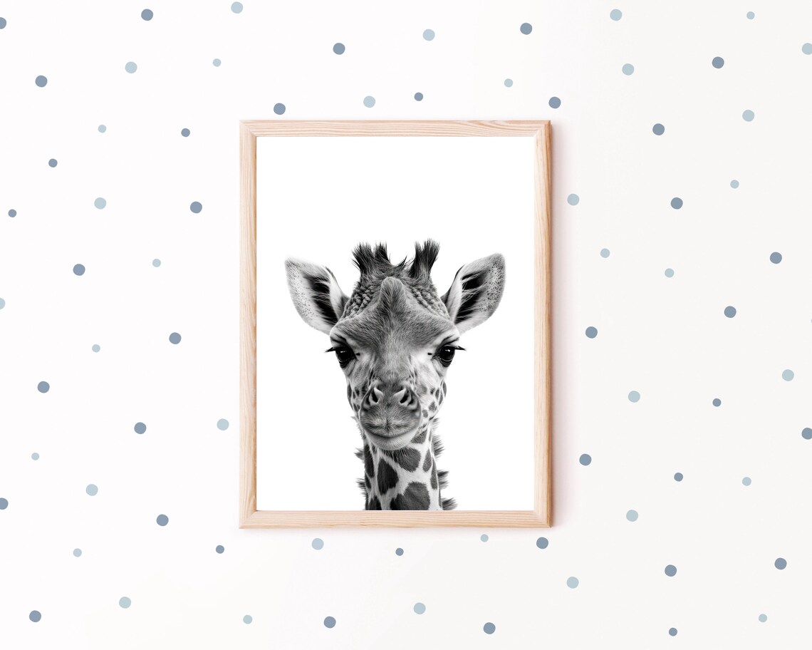Black And White Baby Giraffe Front Facing Portrait Nursery Wall Art - Image 2
