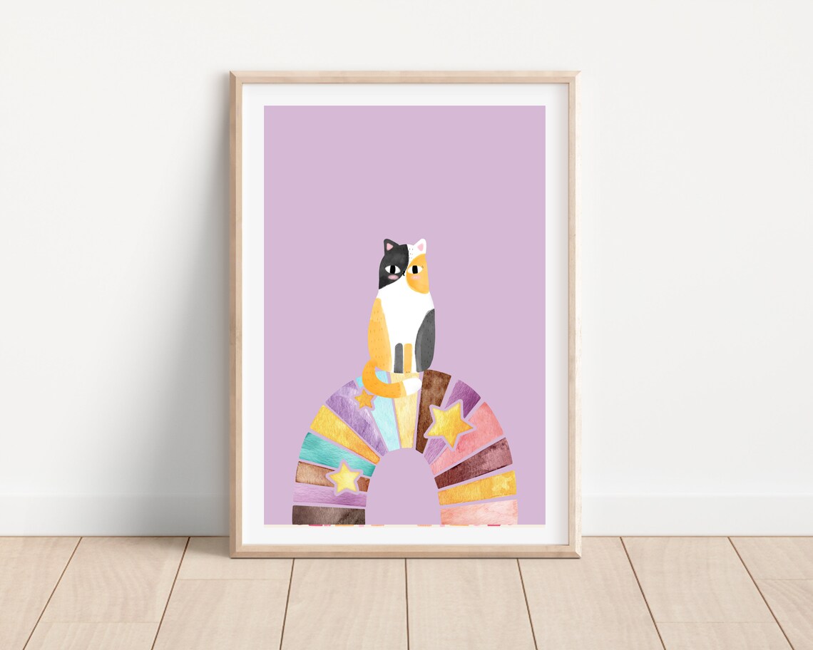 Rainbow Cat Nursery Art Print for Girls Kids Room