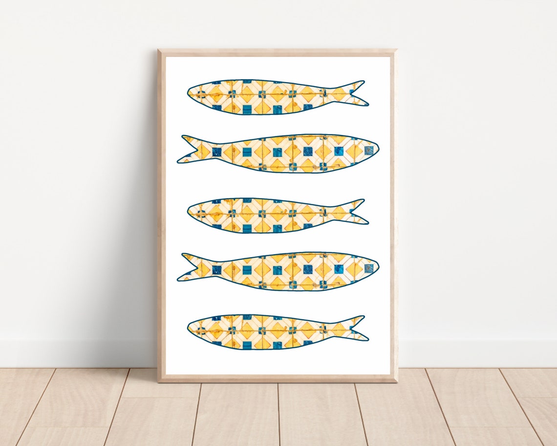 Yellow Portugal Sardine Tile Art Print, Boho Lisbon