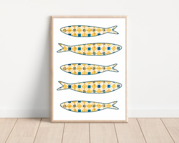 Yellow Portugal Sardine Tile Art Print, Boho Lisbon