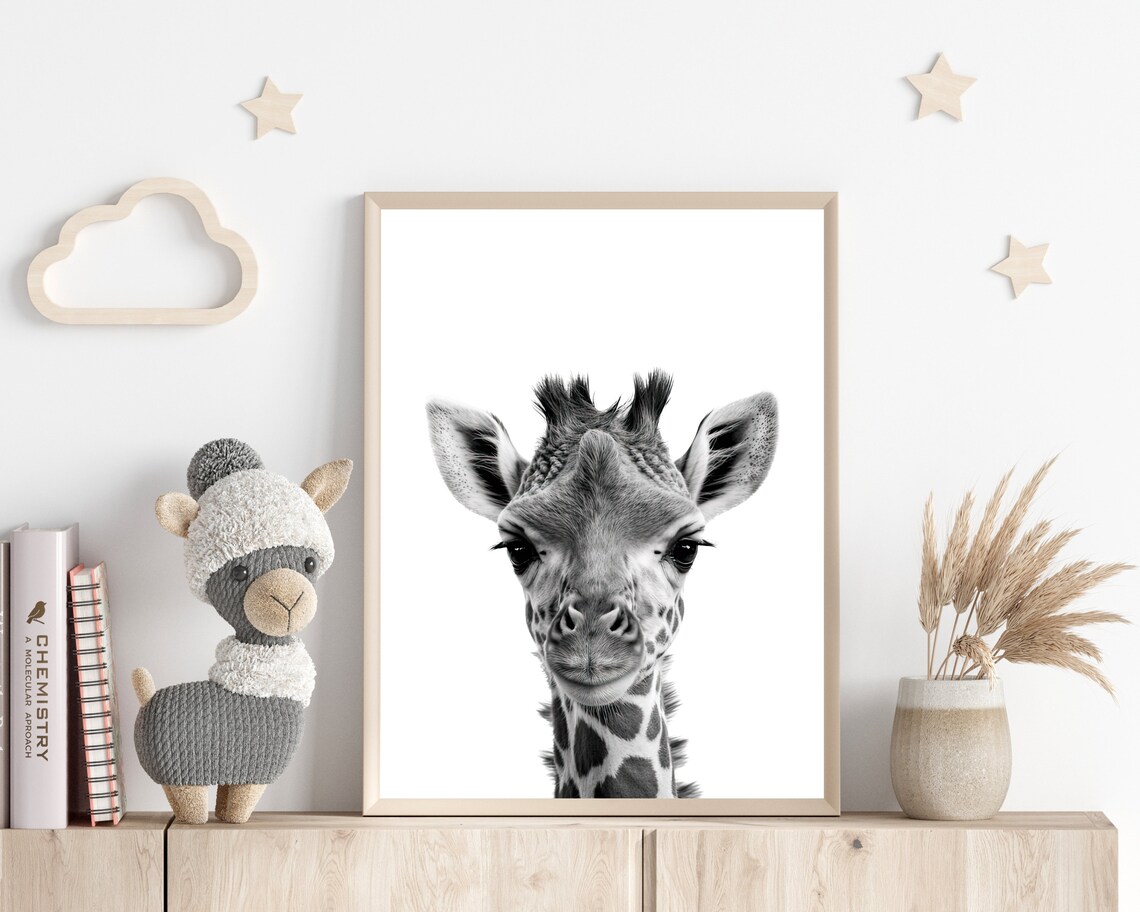 Black And White Baby Giraffe Front Facing Portrait Nursery Wall Art - Image 3