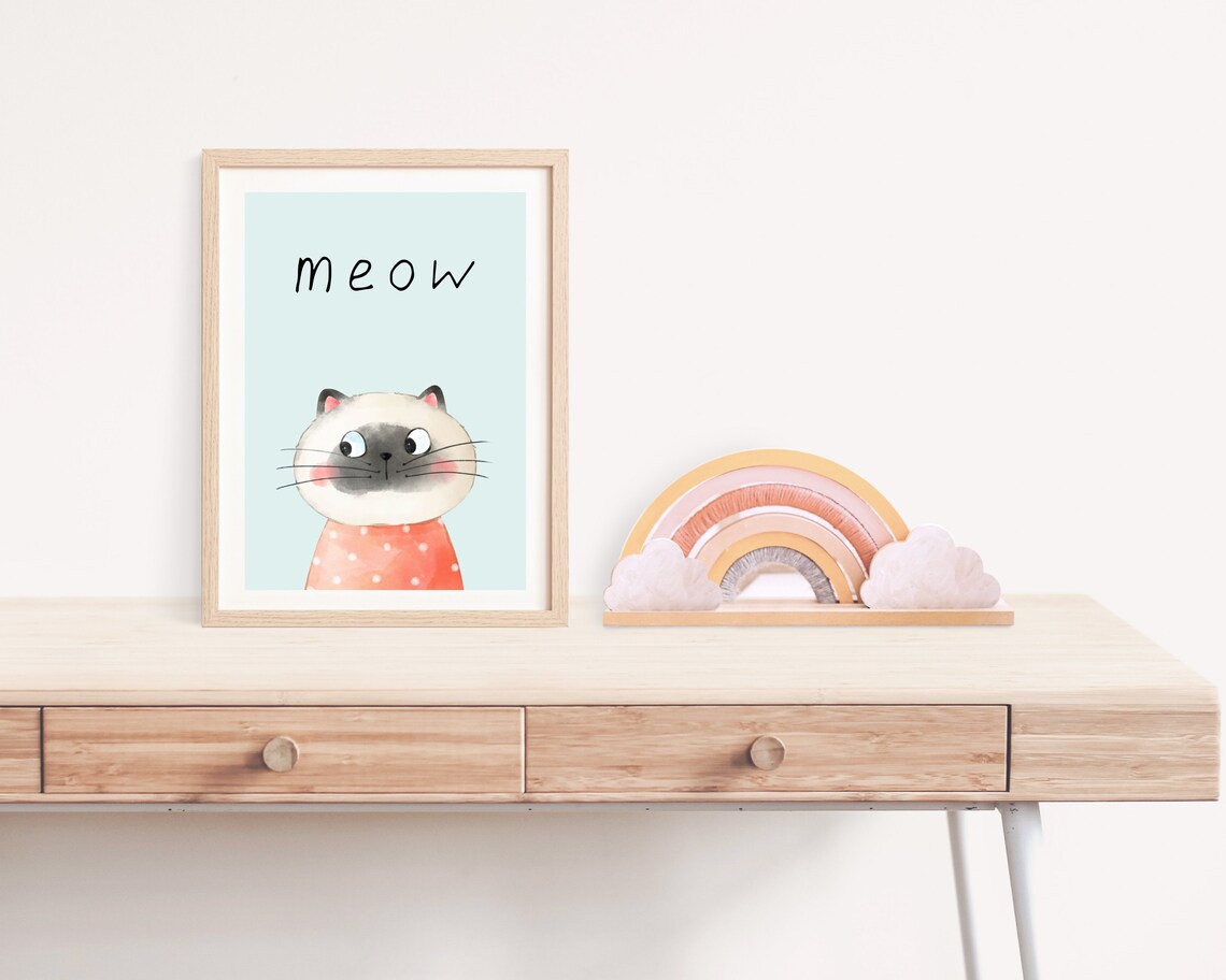 Meow Cute Cartoon Cat Blue Kids Room Nursery Playful Decor Poster - Image 2