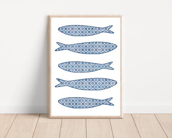 Boho Blue Azulejo Sardine Tile Art Print, Portugal