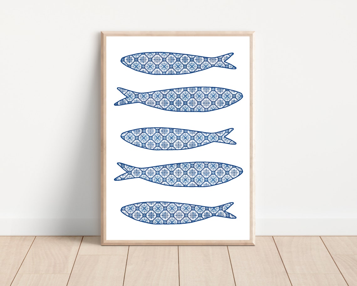 Boho Blue Azulejo Sardine Tile Art Print, Portugal