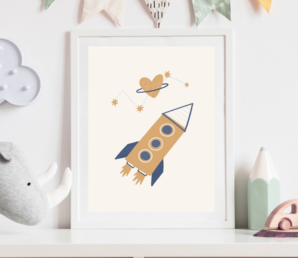 Boho Outer Space Rocket Ship And Planet Art Print - Image 3