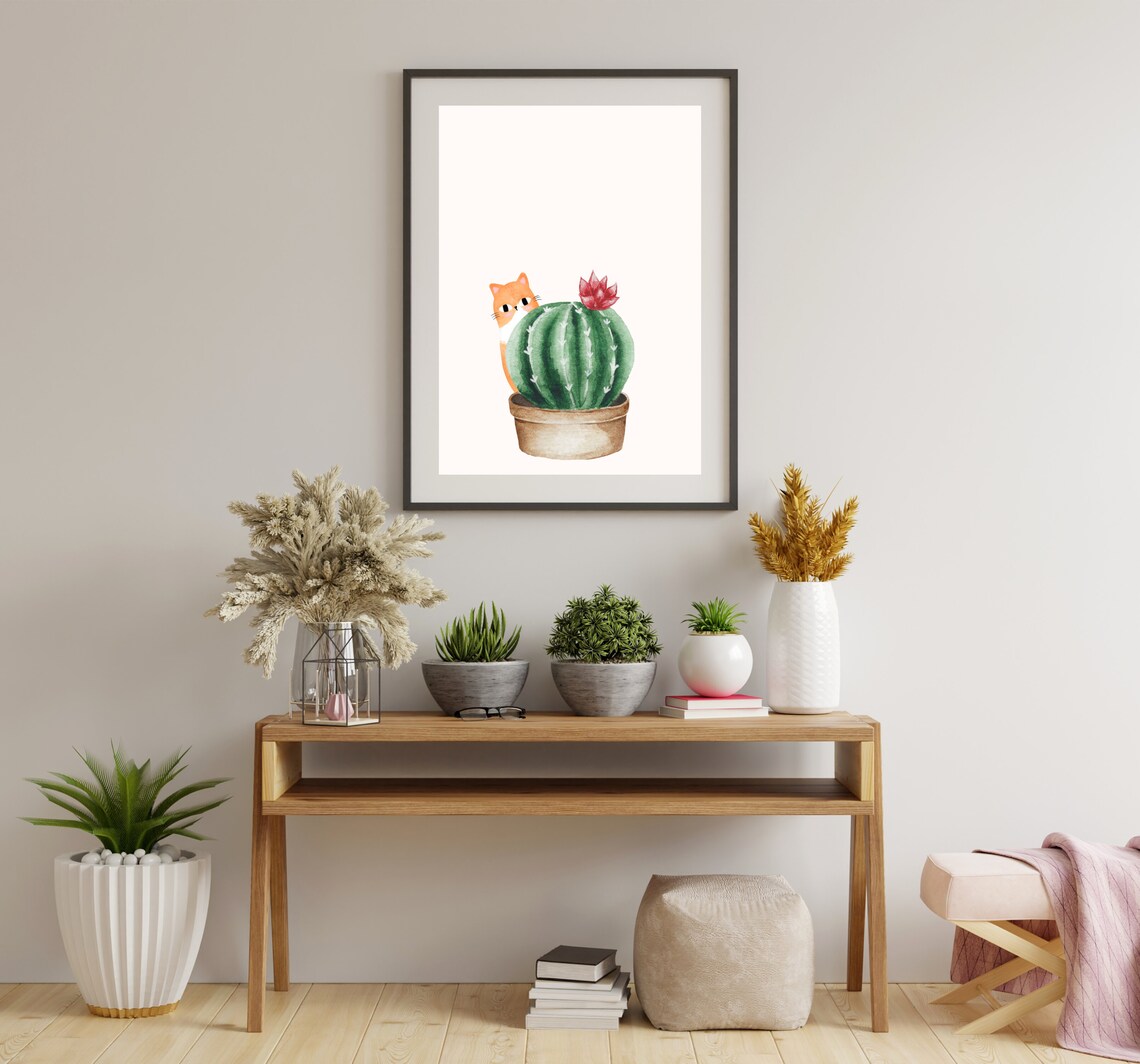 House Plant And Cat Print, Boho Cat Art Print - Image 3