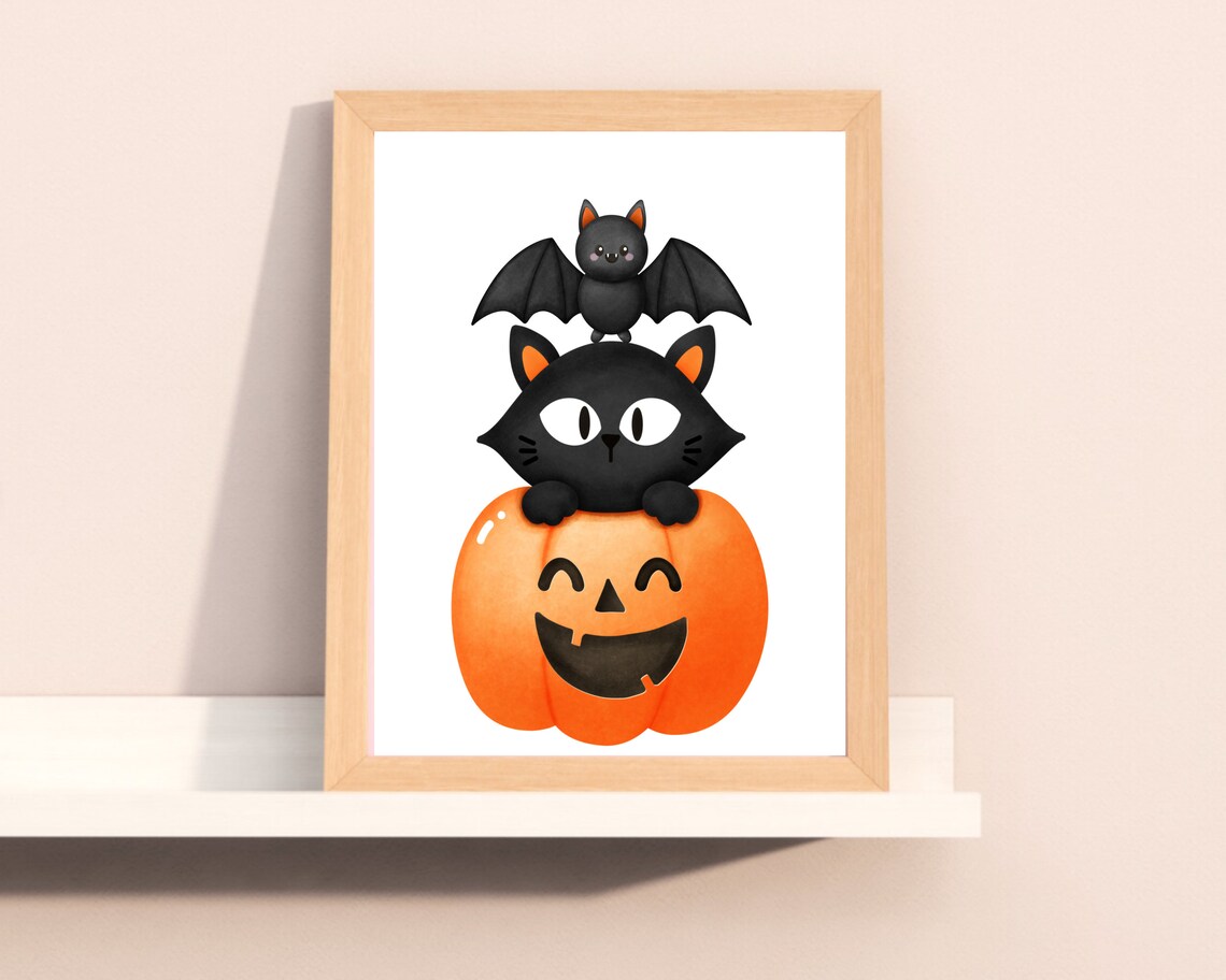Cute Halloween Black Cat On Pumpkin With Bat Kids Nursery Wall Art - Image 2