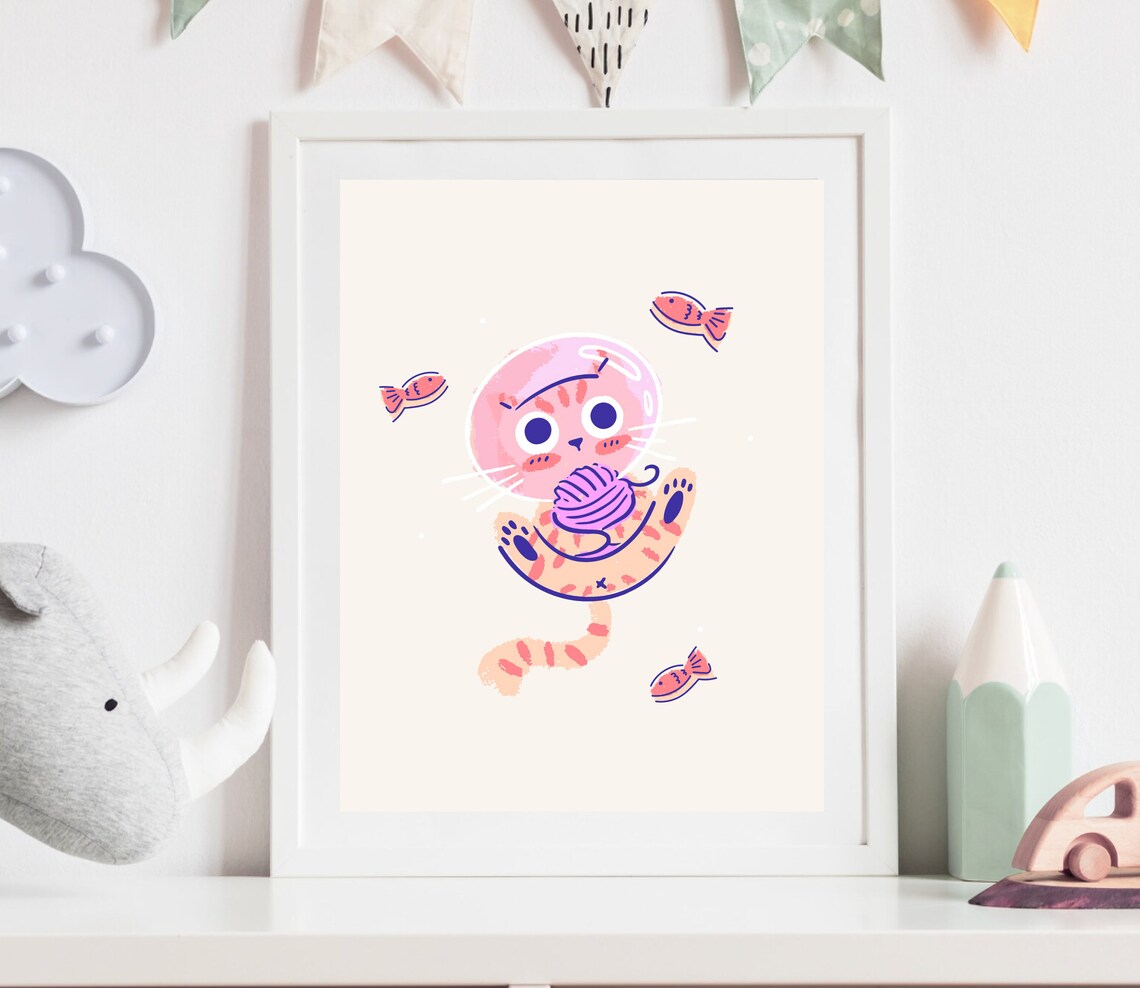 Outer Space Cat And Fish Nursery Art Print - Image 3