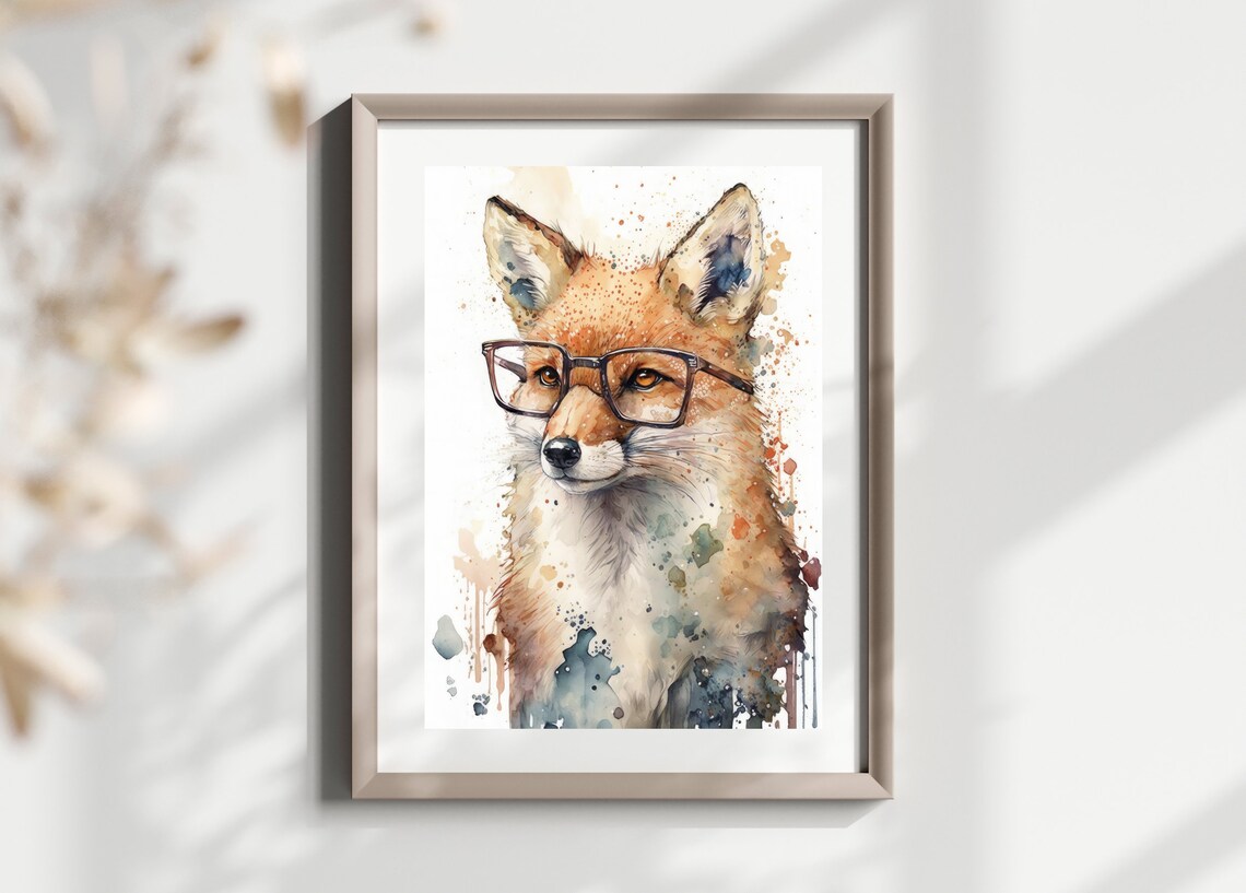 Watercolor Fox Wearing Black Glasses Funny Animal Nursery Portrait Print - Image 2