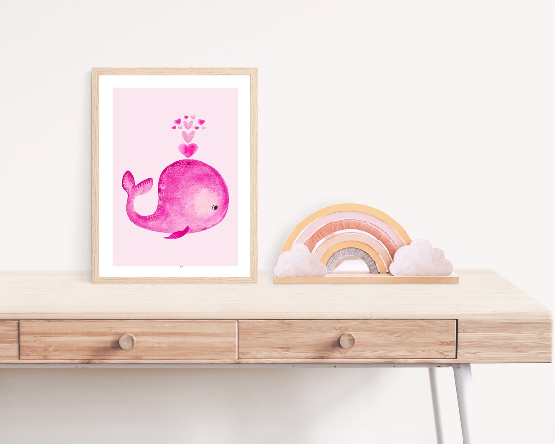 Boho Watercolor Pink Nursery Whale Wall Art Print - Image 3