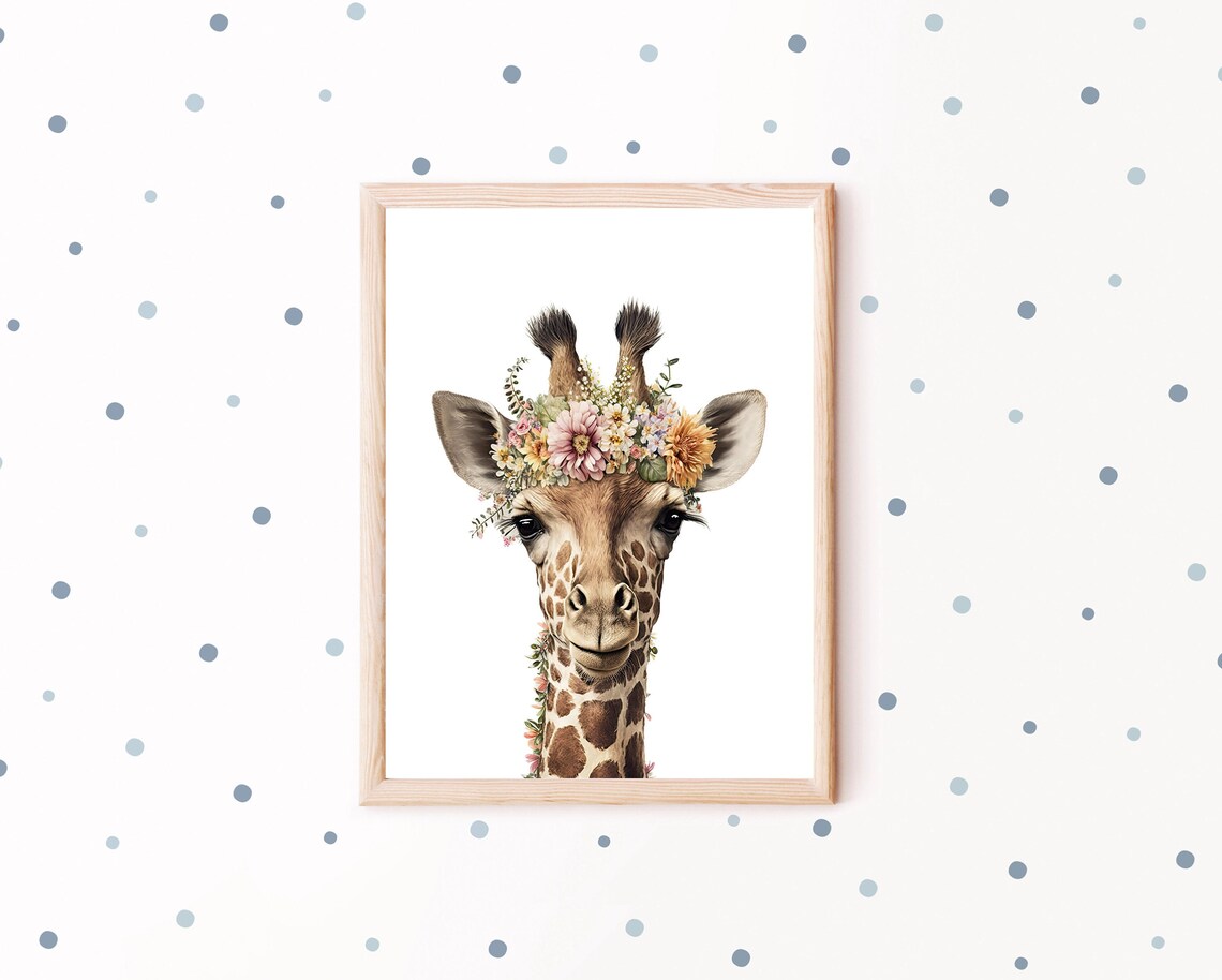 Boho Baby Giraffe Wearing Flower Crown Portrait Nursery Wall Art - Image 2