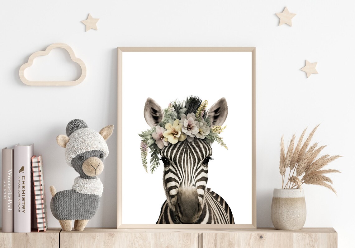 Boho Zebra Wearing Flower Crown Portrait Nursery Safari Wall Art - Image 2