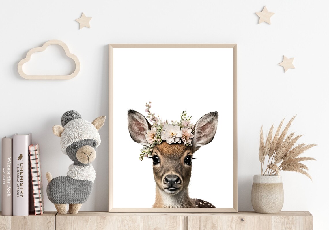 Baby Deer Fawn Flower Crown Woodland Nursery Nature Photo Wall Poster - Image 3