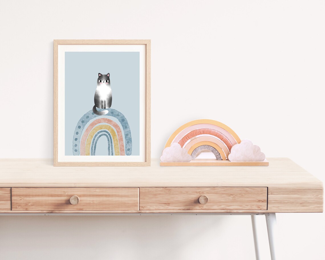 Boho Boy Nursery Cat Print, Blue Rainbow Poster - Image 4