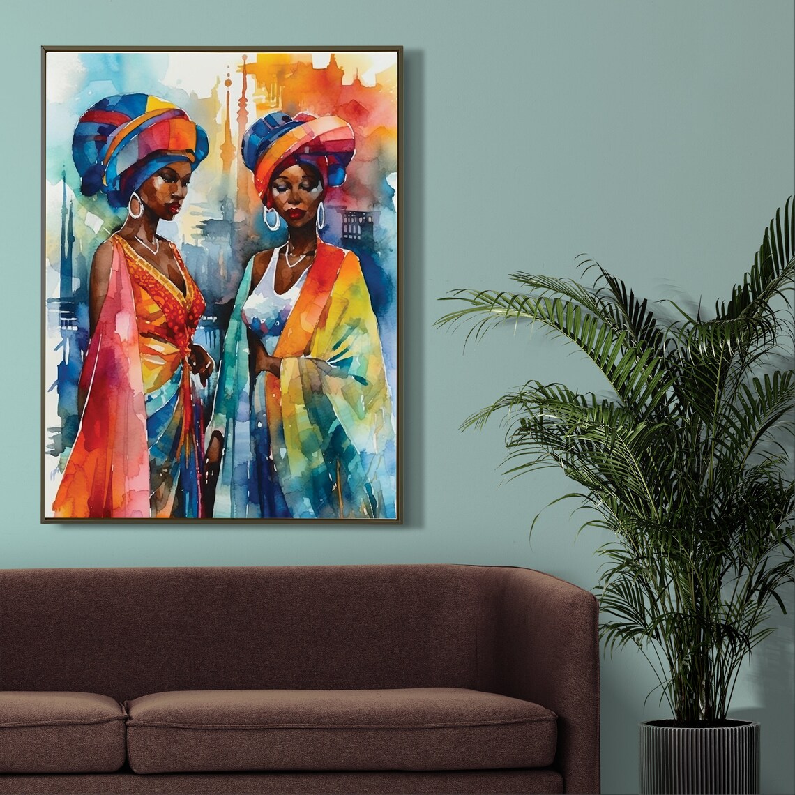 Two African Women In Vibrant Headwraps Watercolor Portrait Poster - Image 3