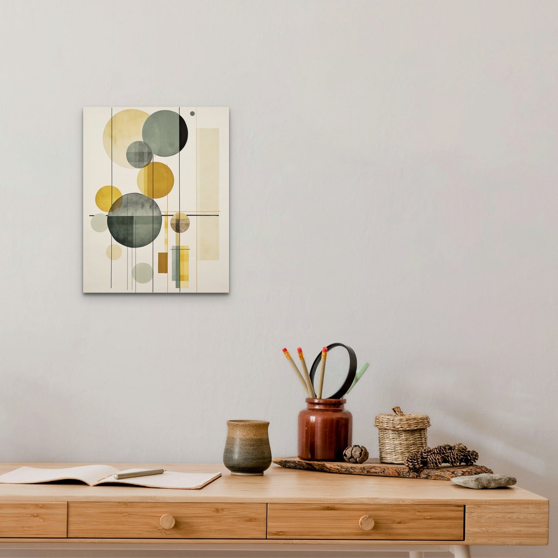 Geometric Abstract Circles In Olive Green And Gold Watercolor Poster - Image 3